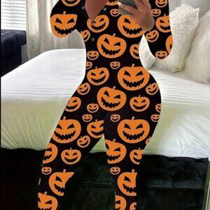 Halloween Pumpkin S Print Lounge Romper Black Orange Jack-O-lantern jumpsuit